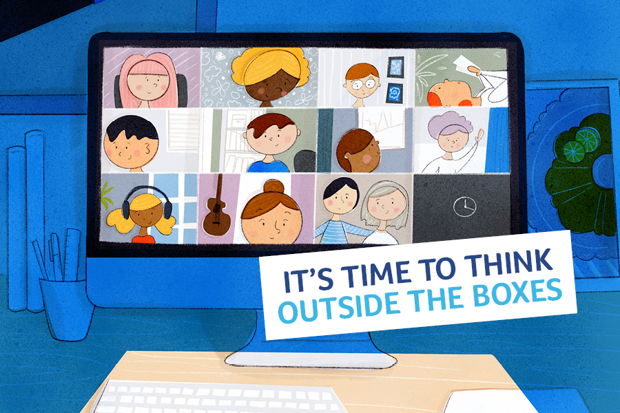 illustration of Zoom room with text "It's time to think outside the boxes"