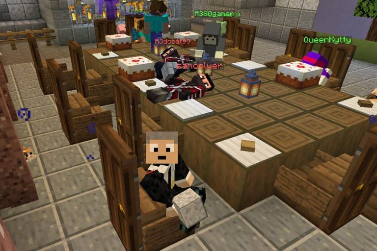 Screenshot from Minecraft game with characters seated round a table