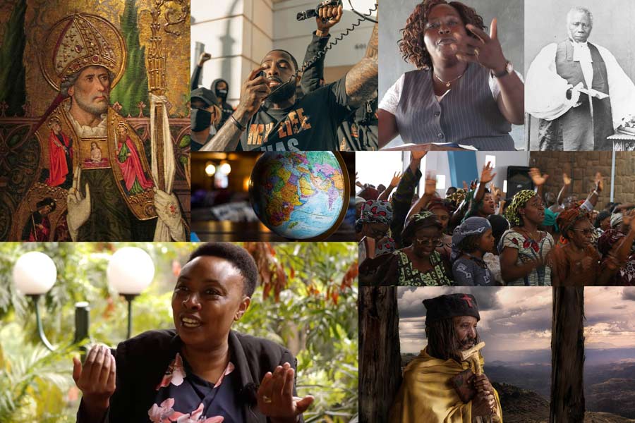 Montage: St Augustone, Black LIves Matter protestors, black woman teaching, Bishop Samuel Ajayi Crowther, Anglican pentecostal church service in Nigeria, Ethiopian Orthodox priest, Lucy Ochieng of CMS-Africa; globe