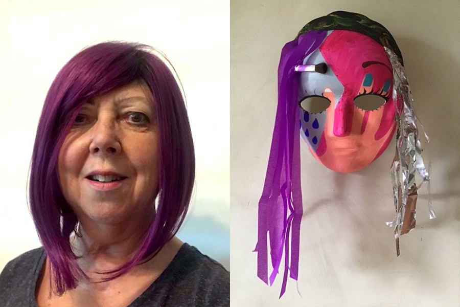 Smiling Debbie and a mask representing her cancer journey (explained below)