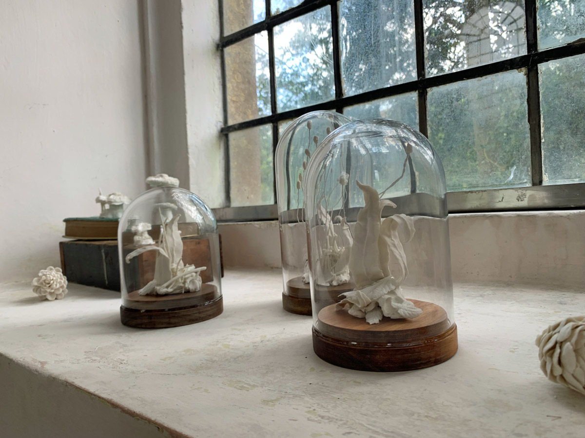 ceramic leaves in glass specimen jars