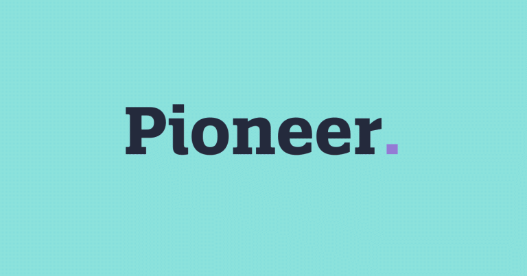 The word "Pioneer", animated gif with punctuation changing from full stop to question to exclamation mark